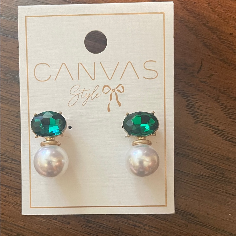 Brand New Canvas Brand Emerald and Pearl Earrings on post back
